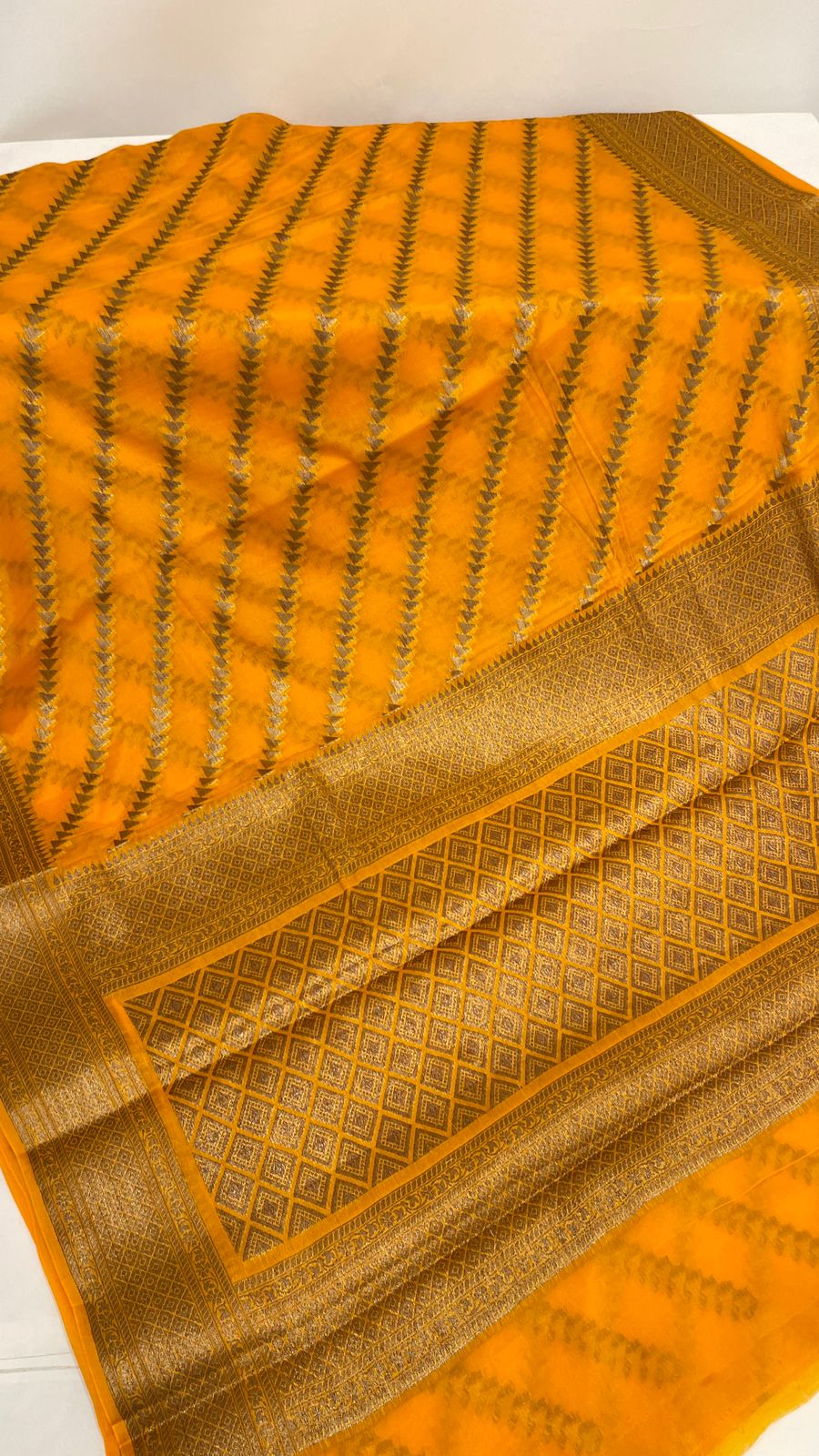 Faishana Pure Handwoven Gold Chiffon Diagonal Stripe Copper Zari with Banarasi Zari Border Pallu and Gold Blouse
