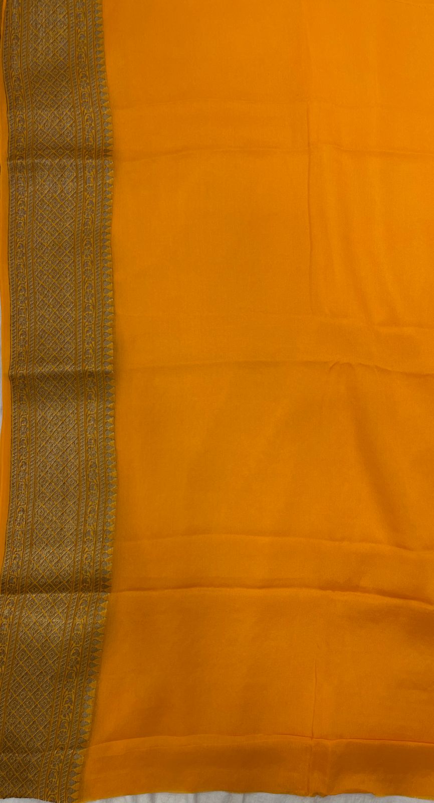 Faishana Pure Handwoven Gold Chiffon Diagonal Stripe Copper Zari with Banarasi Zari Border Pallu and Gold Blouse