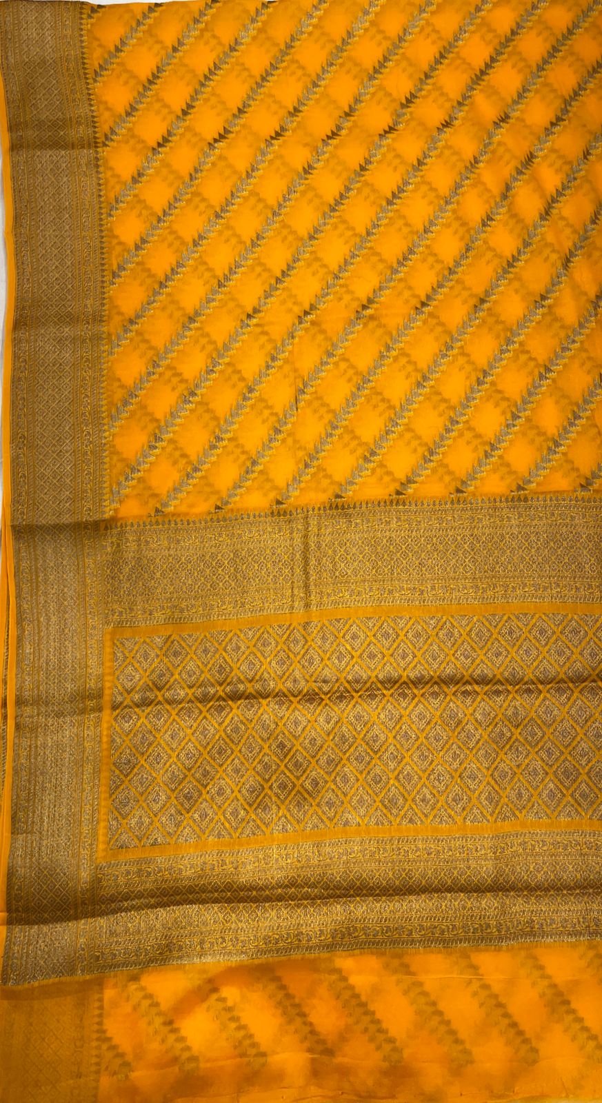 Faishana Pure Handwoven Gold Chiffon Diagonal Stripe Copper Zari with Banarasi Zari Border Pallu and Gold Blouse