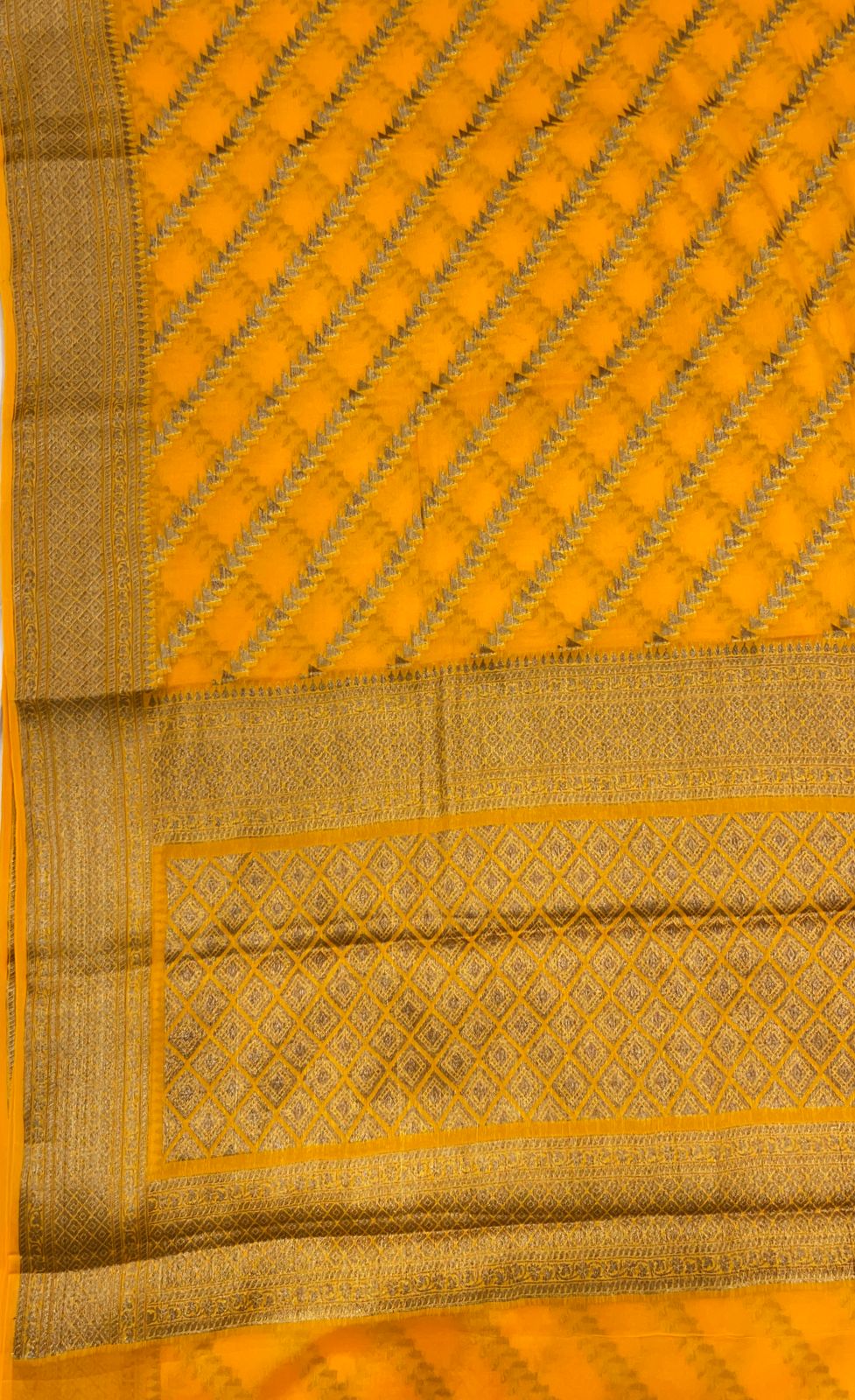 Faishana Pure Handwoven Gold Chiffon Diagonal Stripe Copper Zari with Banarasi Zari Border Pallu and Gold Blouse