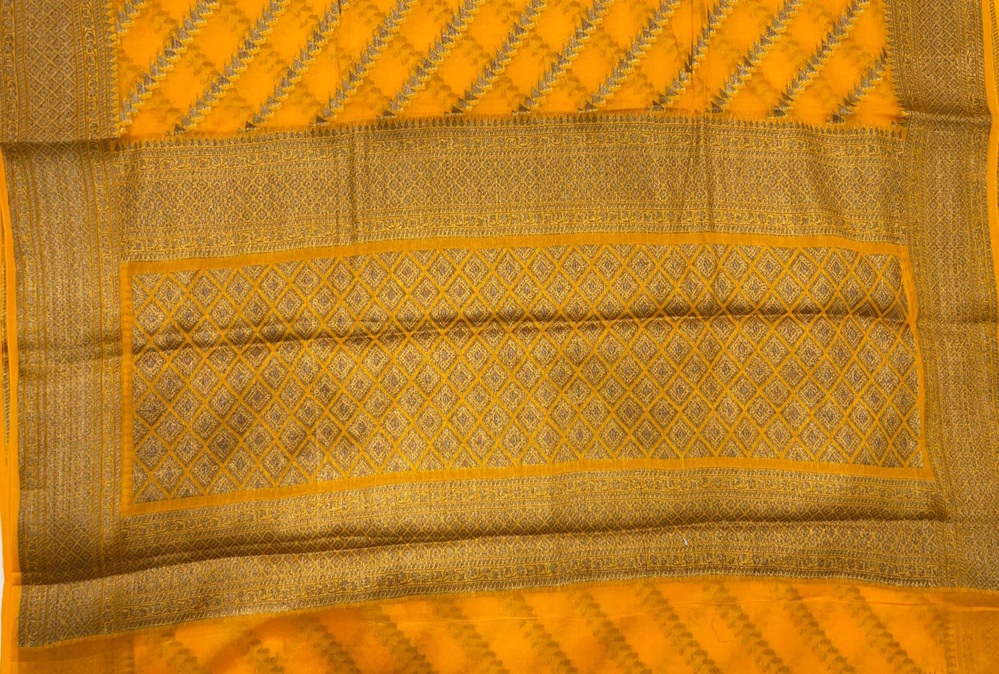 Faishana Pure Handwoven Gold Chiffon Diagonal Stripe Copper Zari with Banarasi Zari Border Pallu and Gold Blouse