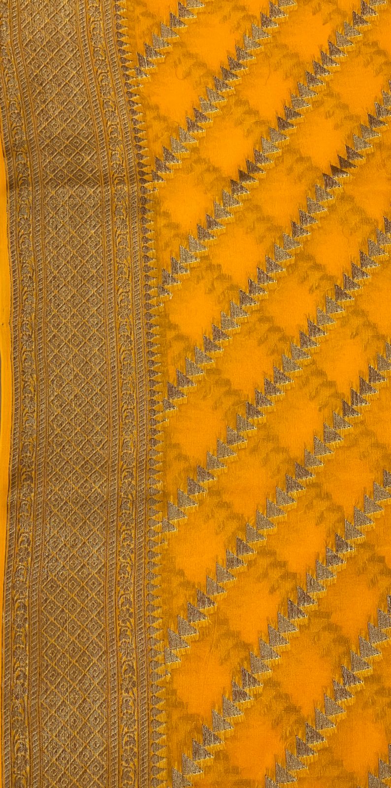 Faishana Pure Handwoven Gold Chiffon Diagonal Stripe Copper Zari with Banarasi Zari Border Pallu and Gold Blouse
