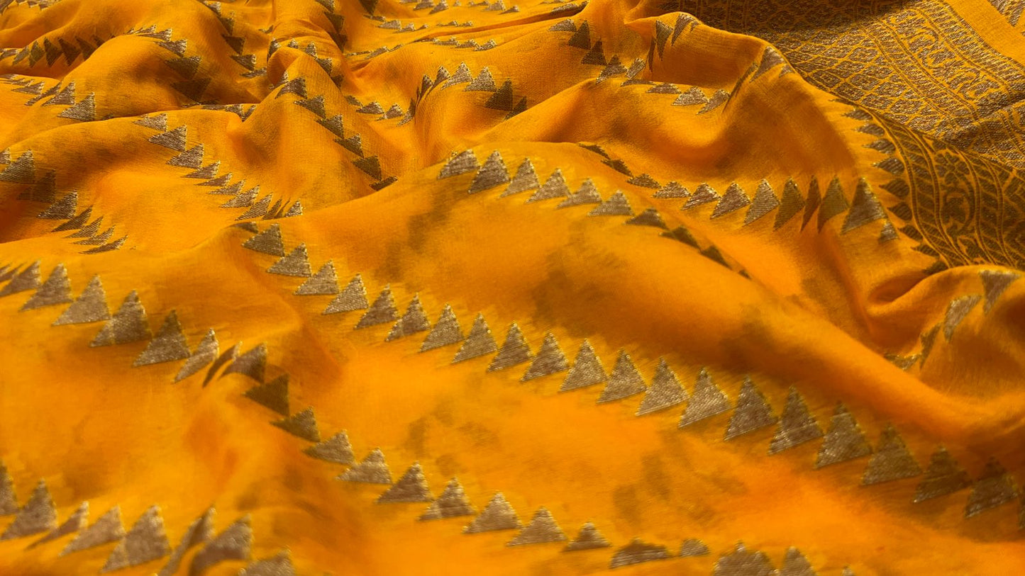Faishana Pure Handwoven Gold Chiffon Diagonal Stripe Copper Zari with Banarasi Zari Border Pallu and Gold Blouse