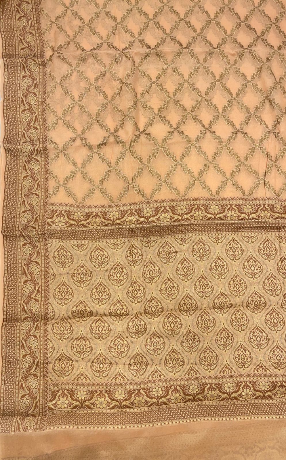 Faishana Pure Handwoven Cream Chiffon Kadiyal Copper Zari Jaal and Resham Mina Zari Boota Pallu with Cream Blouse