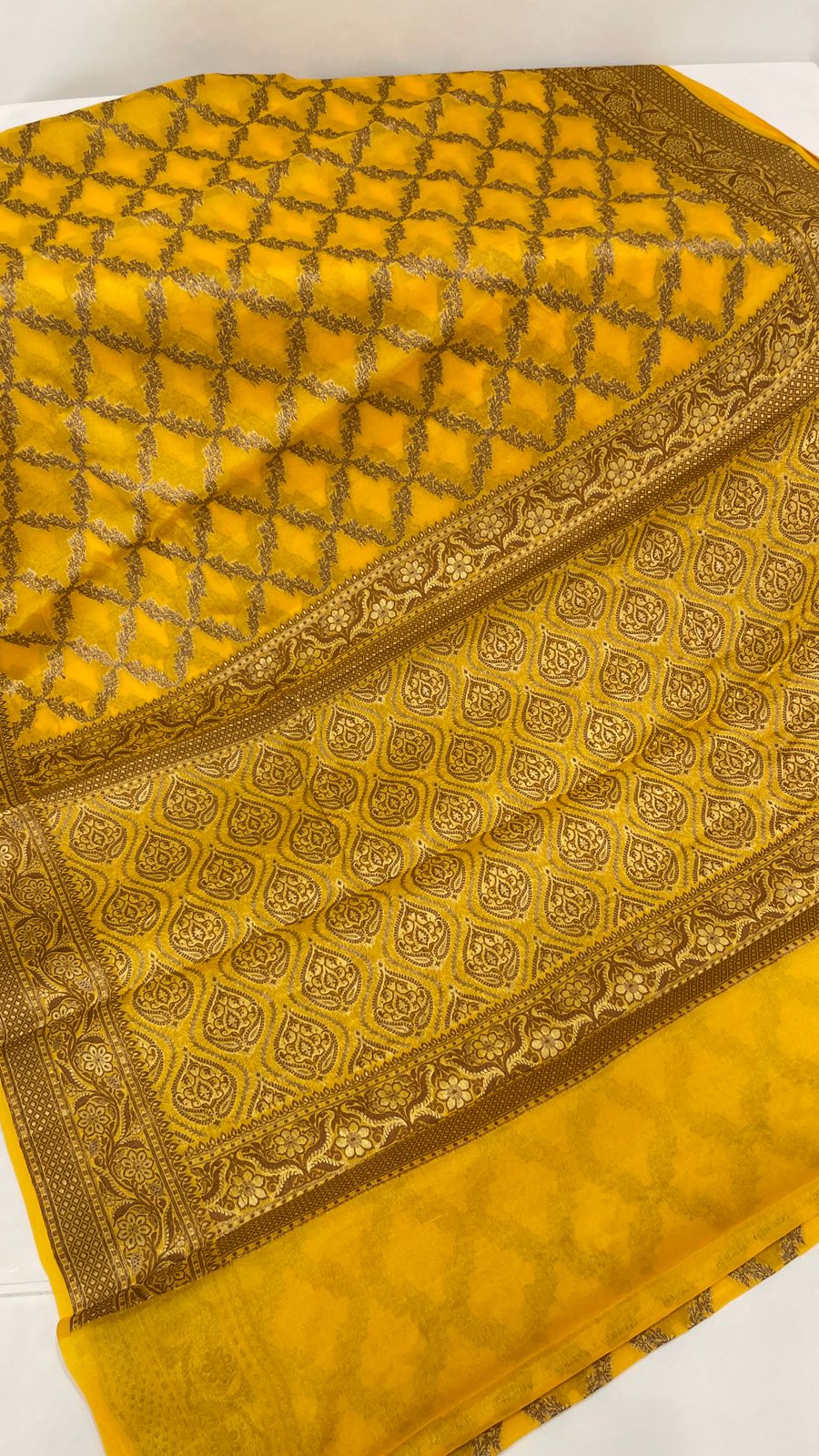 Faishana Pure Handwoven Gold Chiffon Kadiyal Copper Zari Jaal and Resham Mina Zari Boota Pallu with Gold Blouse