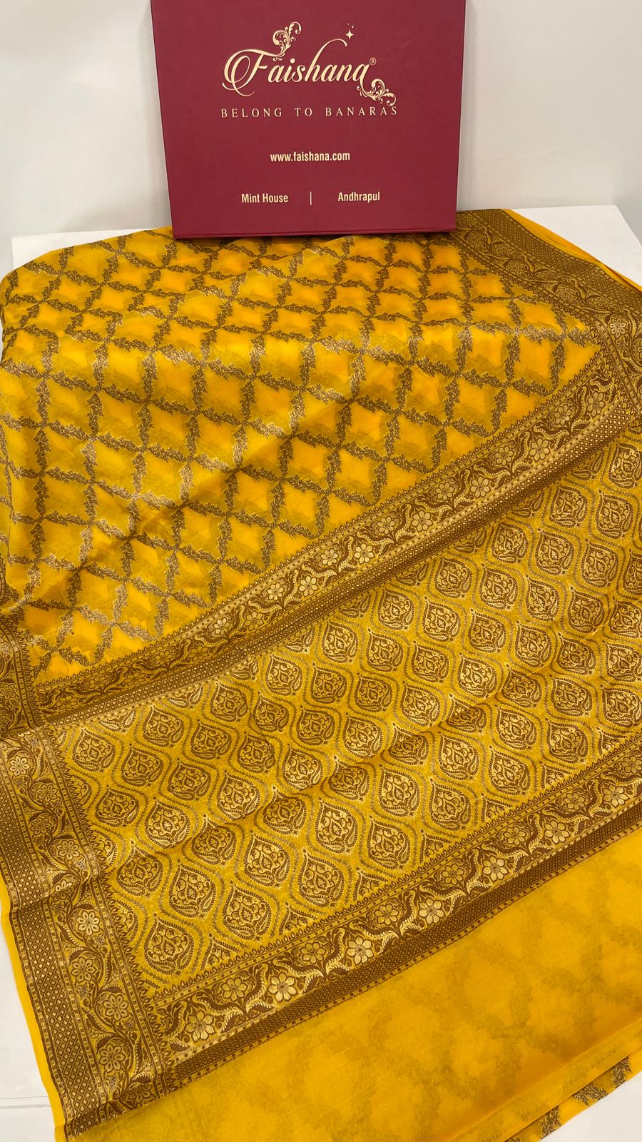 Faishana Pure Handwoven Gold Chiffon Kadiyal Copper Zari Jaal and Resham Mina Zari Boota Pallu with Gold Blouse