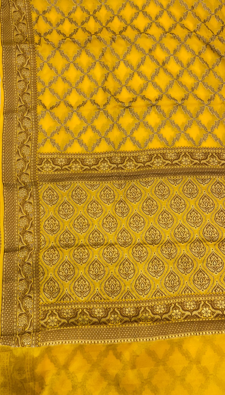 Faishana Pure Handwoven Gold Chiffon Kadiyal Copper Zari Jaal and Resham Mina Zari Boota Pallu with Gold Blouse