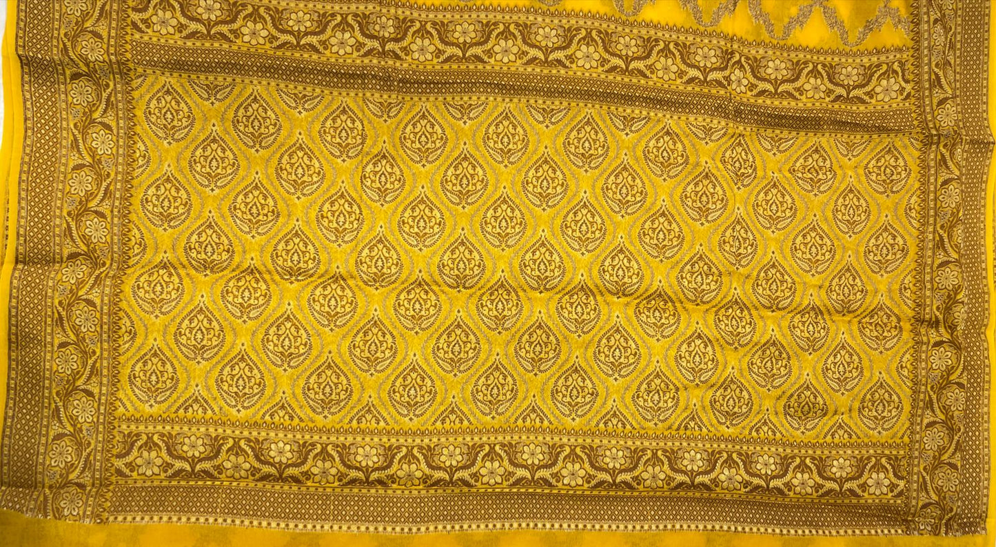 Faishana Pure Handwoven Gold Chiffon Kadiyal Copper Zari Jaal and Resham Mina Zari Boota Pallu with Gold Blouse