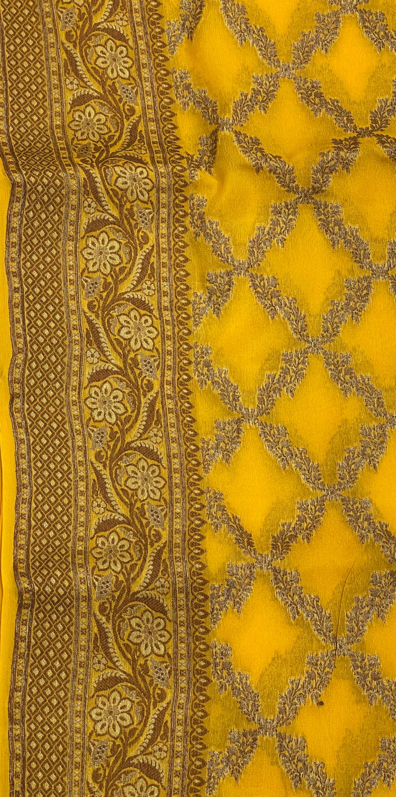 Faishana Pure Handwoven Gold Chiffon Kadiyal Copper Zari Jaal and Resham Mina Zari Boota Pallu with Gold Blouse