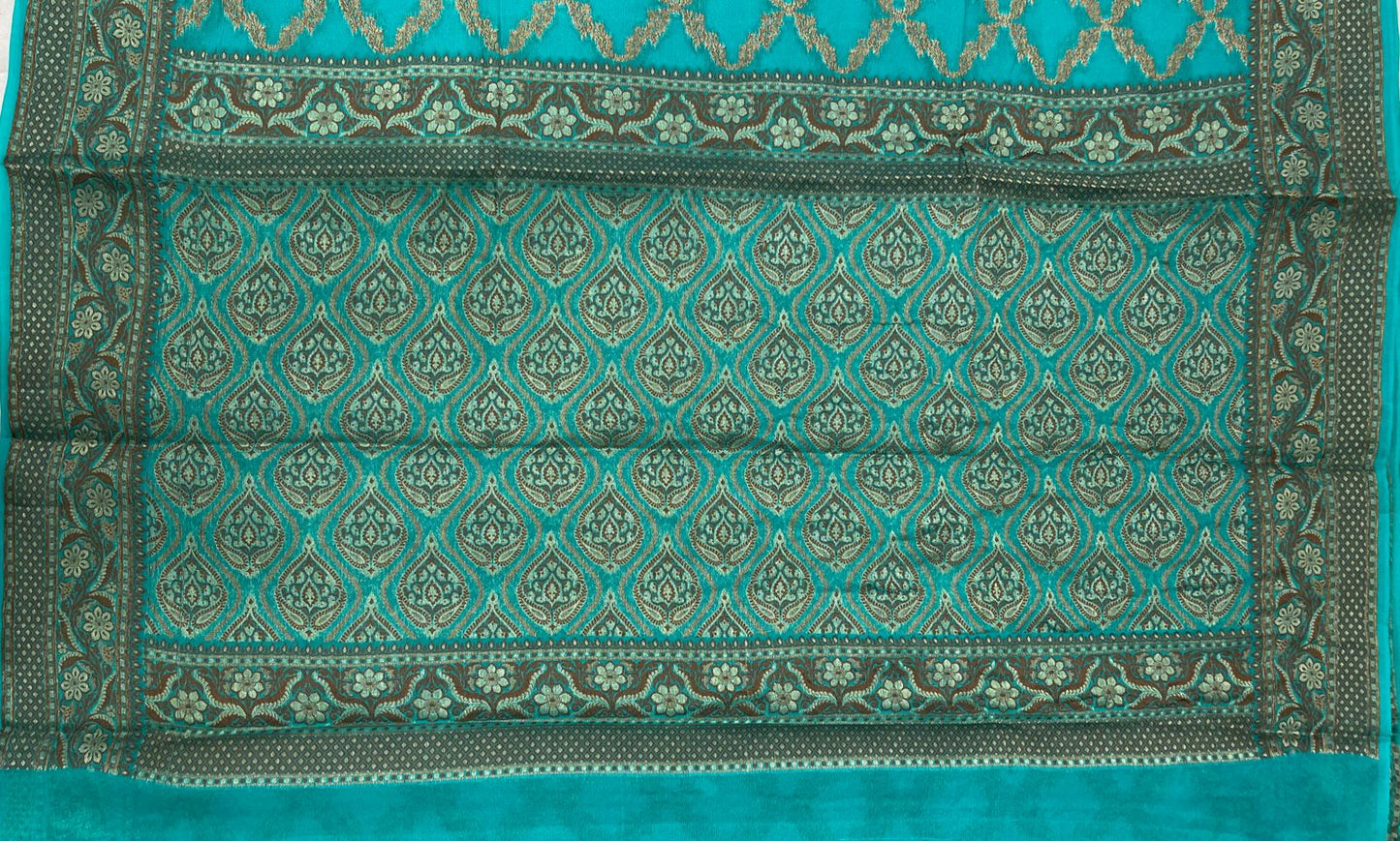 Faishana Pure Handwoven Sea Green Chiffon Kadiyal Copper Zari Jaal and Resham Mina Zari Boota Pallu with Sea Green Blouse