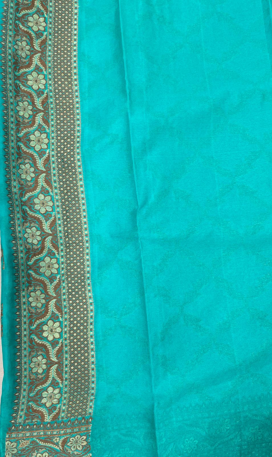 Faishana Pure Handwoven Sea Green Chiffon Kadiyal Copper Zari Jaal and Resham Mina Zari Boota Pallu with Sea Green Blouse