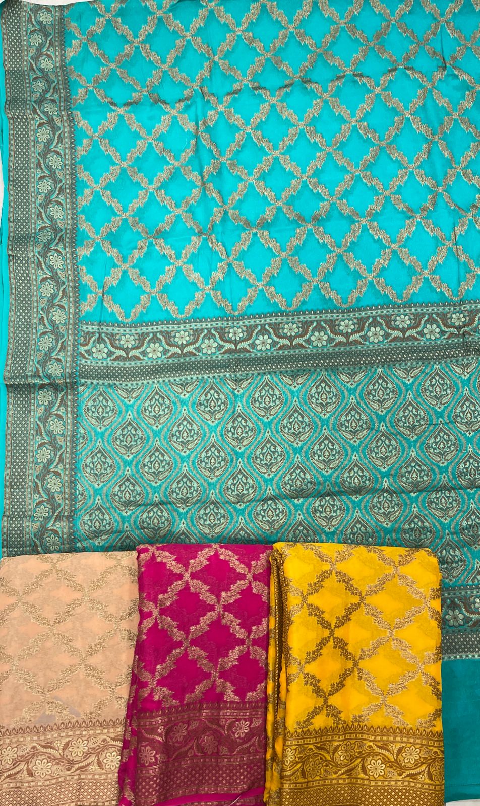 Faishana Pure Handwoven Sea Green Chiffon Kadiyal Copper Zari Jaal and Resham Mina Zari Boota Pallu with Sea Green Blouse
