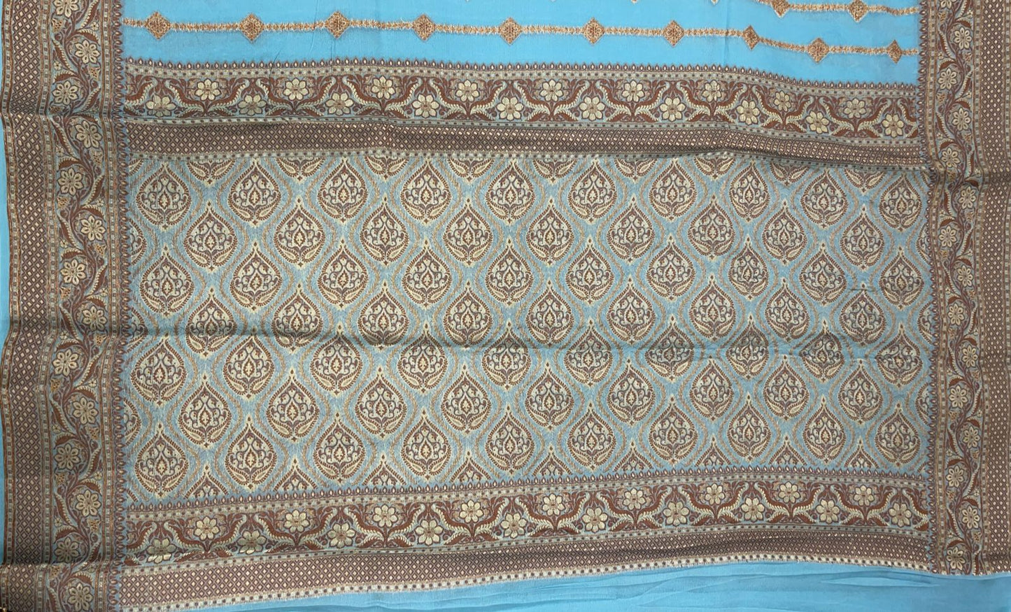 Faishana Pure Handloom Sky Blue Chiffon Copper Stripe Booti Jaal with Resham Mina Zari Border and Sky Blue Blouse