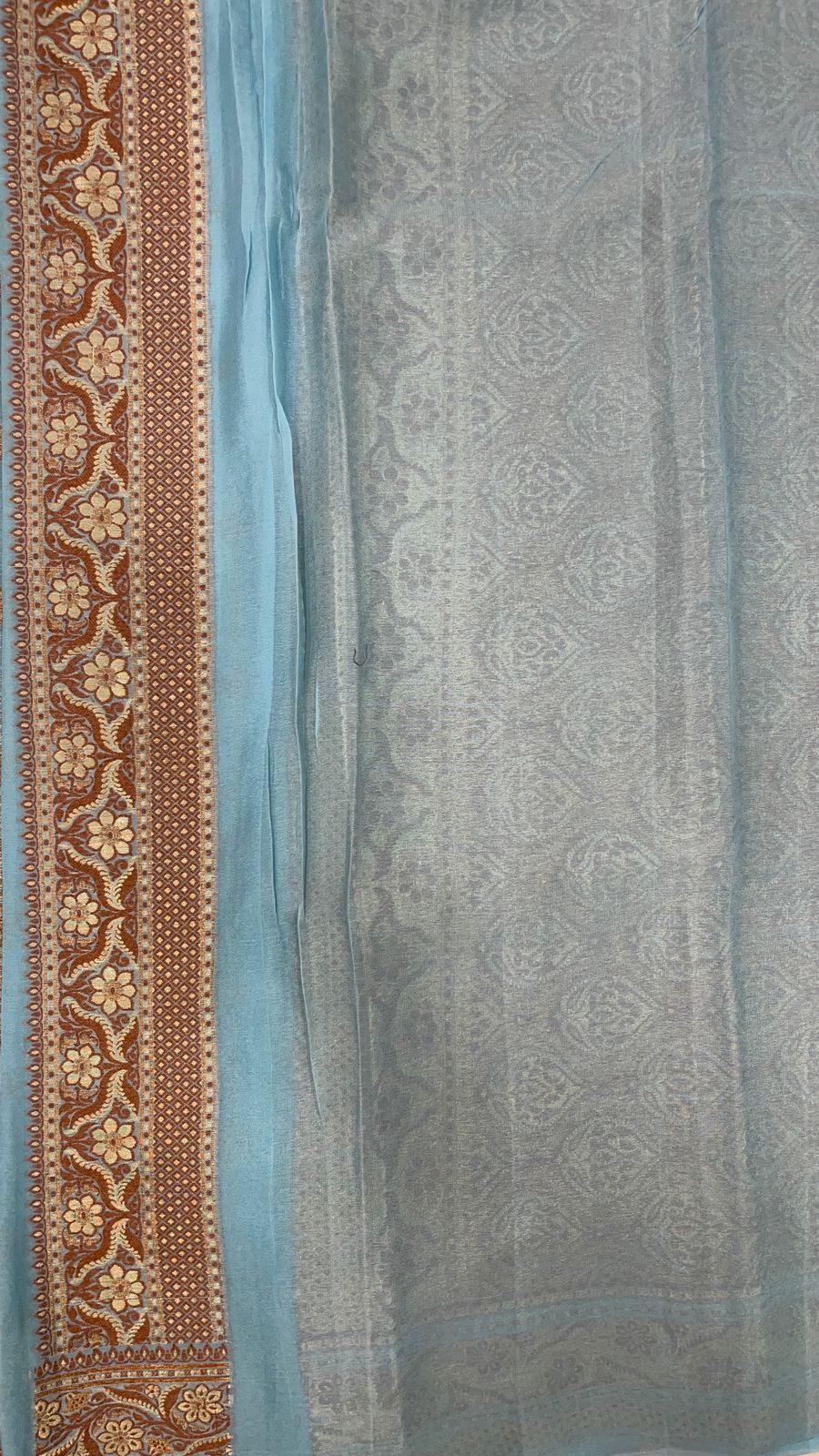 Faishana Pure Handloom Sky Blue Chiffon Copper Stripe Booti Jaal with Resham Mina Zari Border and Sky Blue Blouse