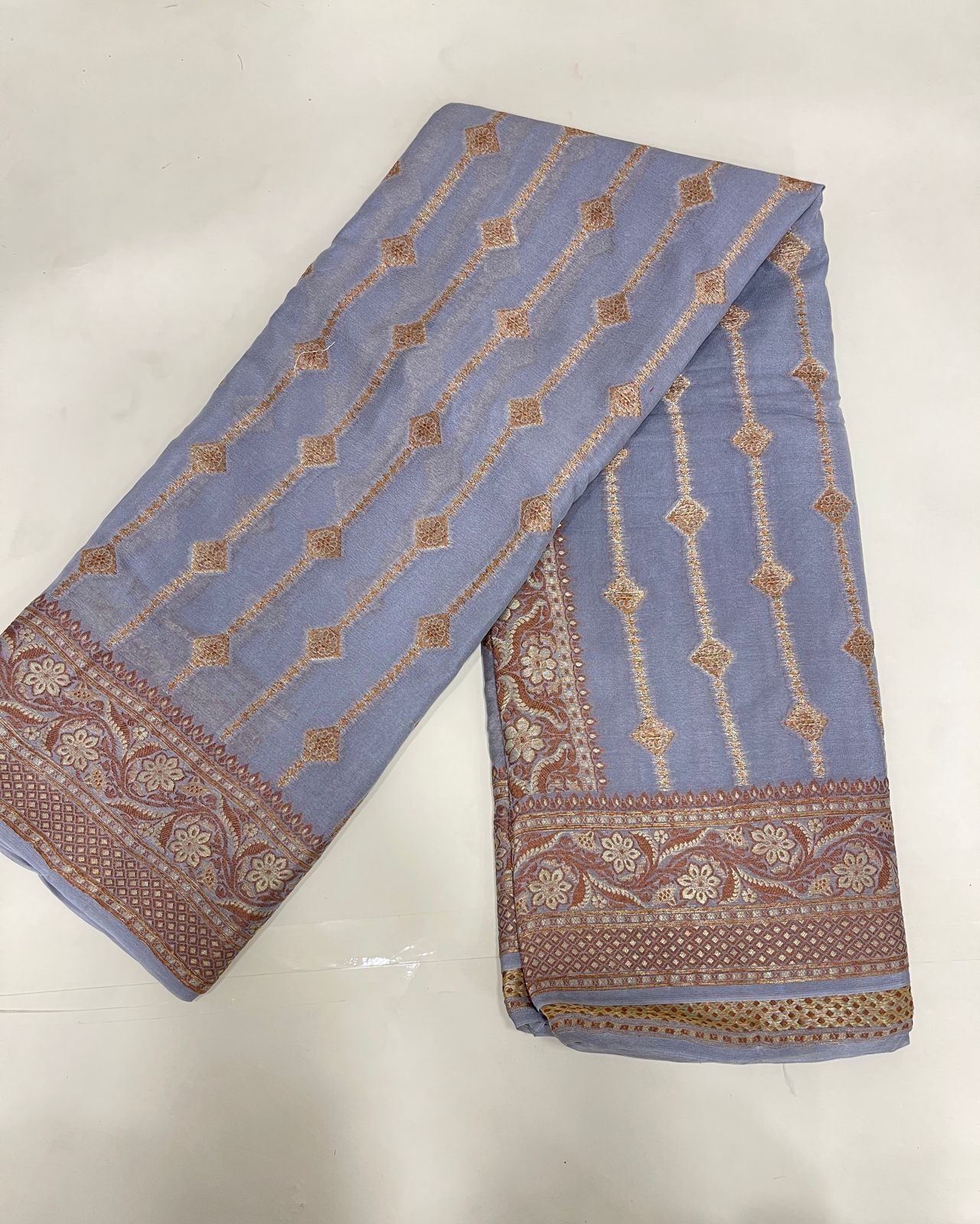 Faishana Pure Handloom Grey Chiffon Copper Stripe Booti Jaal with Resham Mina Zari Border and Grey Blouse