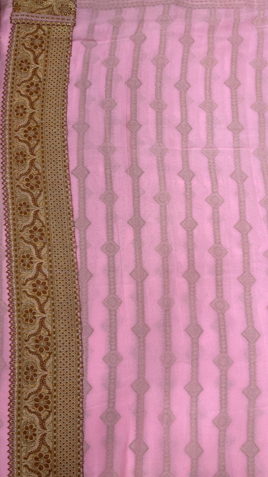 Faishana Pure Handloom Baby Pink Chiffon Copper Stripe Booti Jaal with Resham Mina Zari Border and Baby Pink Blouse