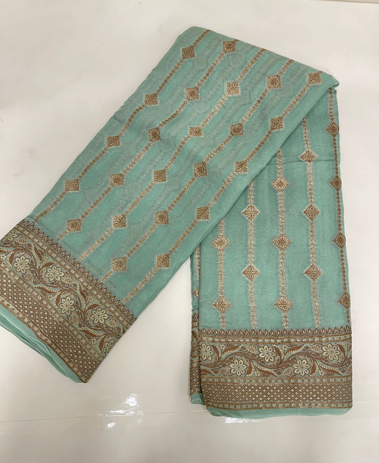 Faishana Pure Handloom Sea Green Chiffon Copper Stripe Booti Jaal with Resham Mina Zari Border and Sea Green Blouse