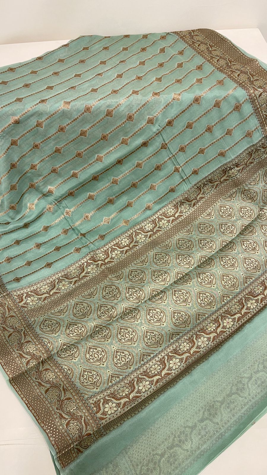 Faishana Pure Handloom Sea Green Chiffon Copper Stripe Booti Jaal with Resham Mina Zari Border and Sea Green Blouse