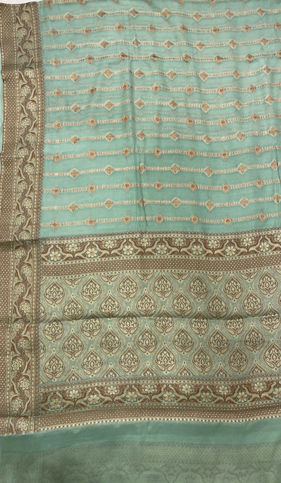 Faishana Pure Handloom Sea Green Chiffon Copper Stripe Booti Jaal with Resham Mina Zari Border and Sea Green Blouse