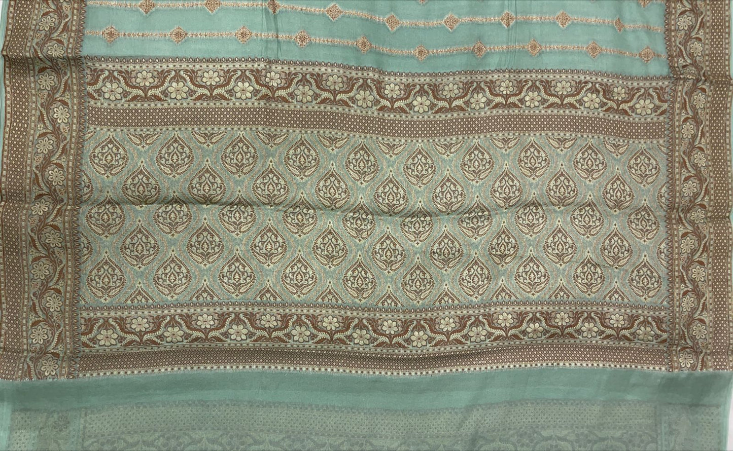 Faishana Pure Handloom Sea Green Chiffon Copper Stripe Booti Jaal with Resham Mina Zari Border and Sea Green Blouse