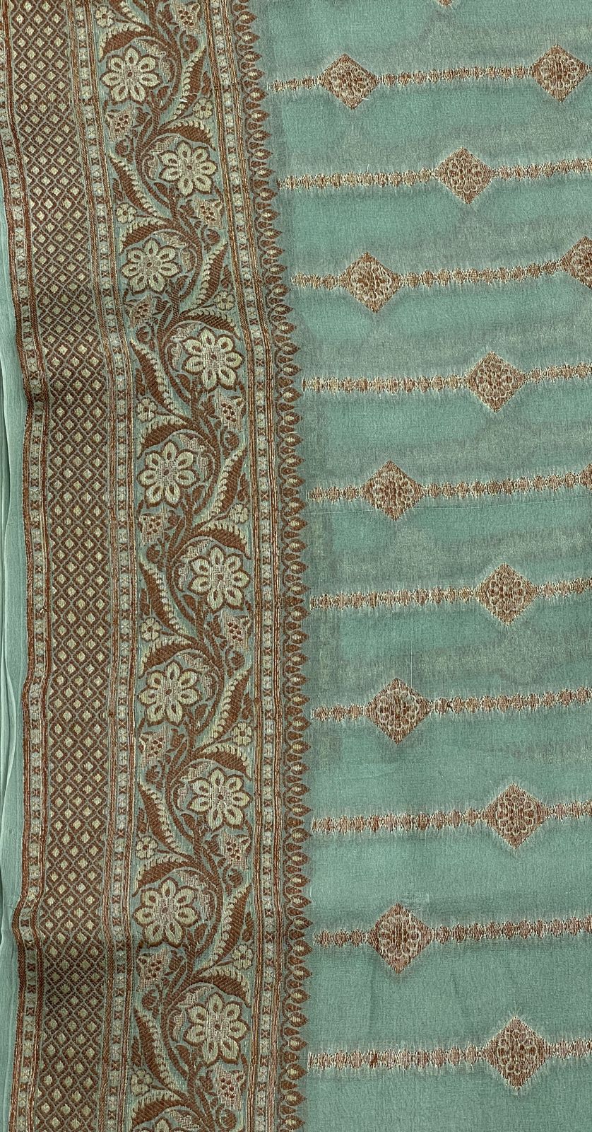 Faishana Pure Handloom Sea Green Chiffon Copper Stripe Booti Jaal with Resham Mina Zari Border and Sea Green Blouse