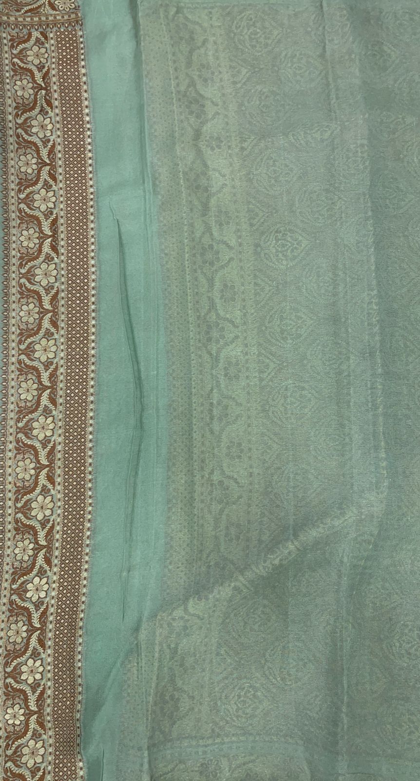 Faishana Pure Handloom Sea Green Chiffon Copper Stripe Booti Jaal with Resham Mina Zari Border and Sea Green Blouse