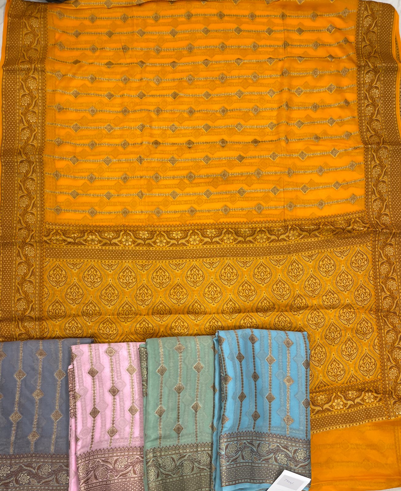 Faishana Pure Handloom Sea Green Chiffon Copper Stripe Booti Jaal with Resham Mina Zari Border and Sea Green Blouse