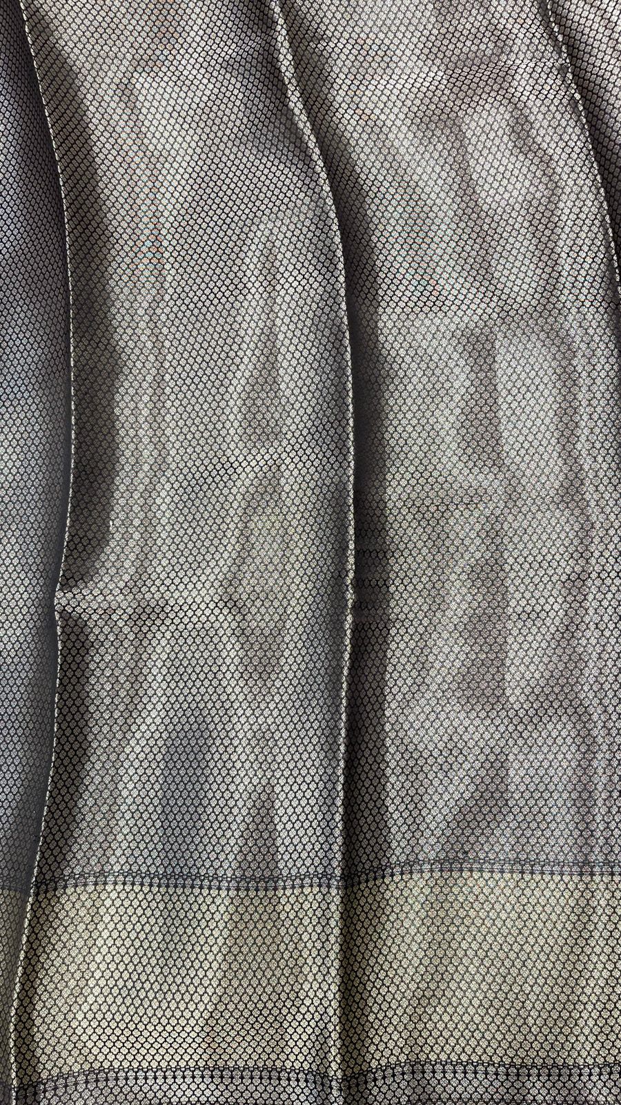 Faishana Pure Handloom Purple Dupion Silk Tilfi Mina Floral Zari Jaal Skirt Golden Zari Contrast Black Border with Contrast Black Silver Pallu and Black Blouse