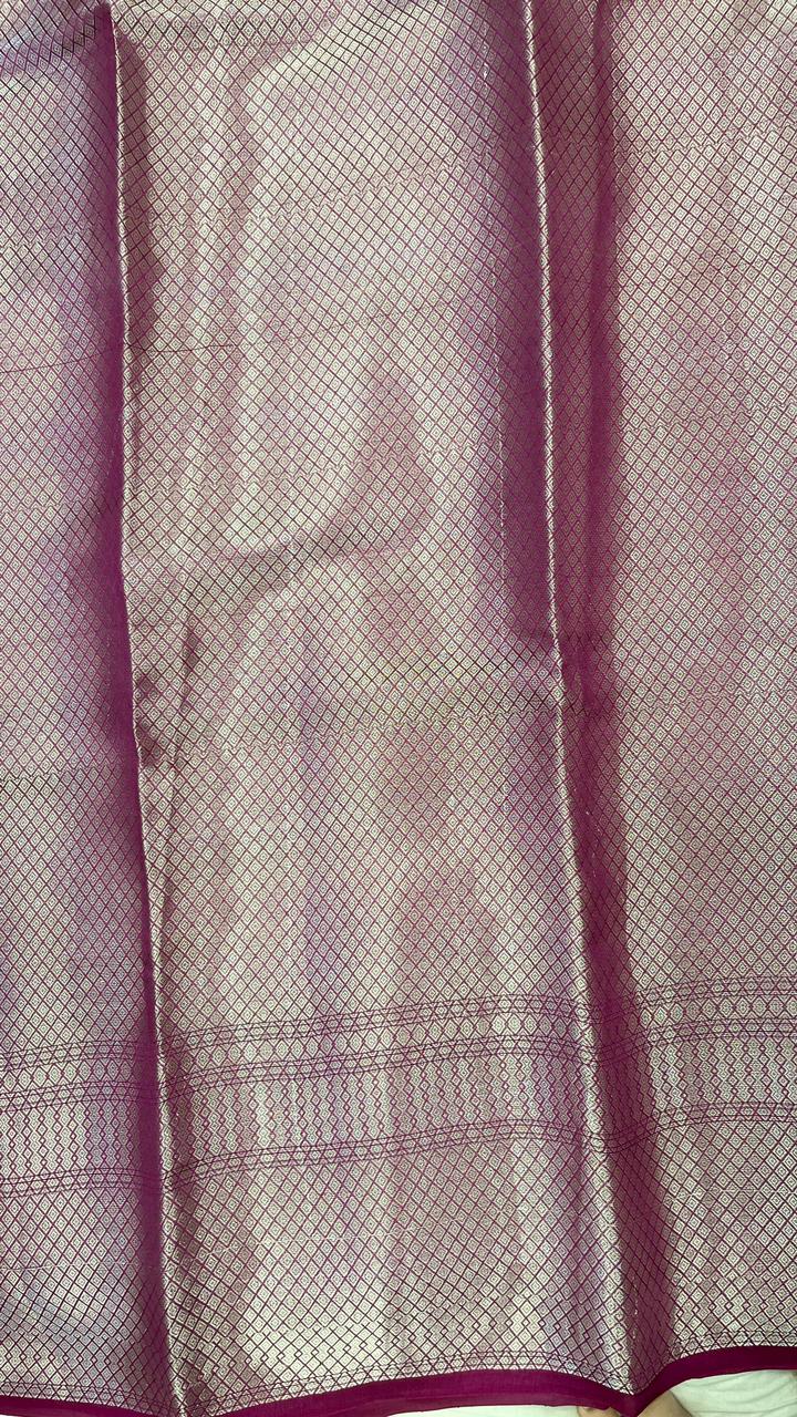 Faishana Pure Handloom Purple Dupion Silk Silver Zari Mina Floral Boota Skirt Silver Zari Border with Floral Kadiyal Pallu and Purple Blouse
