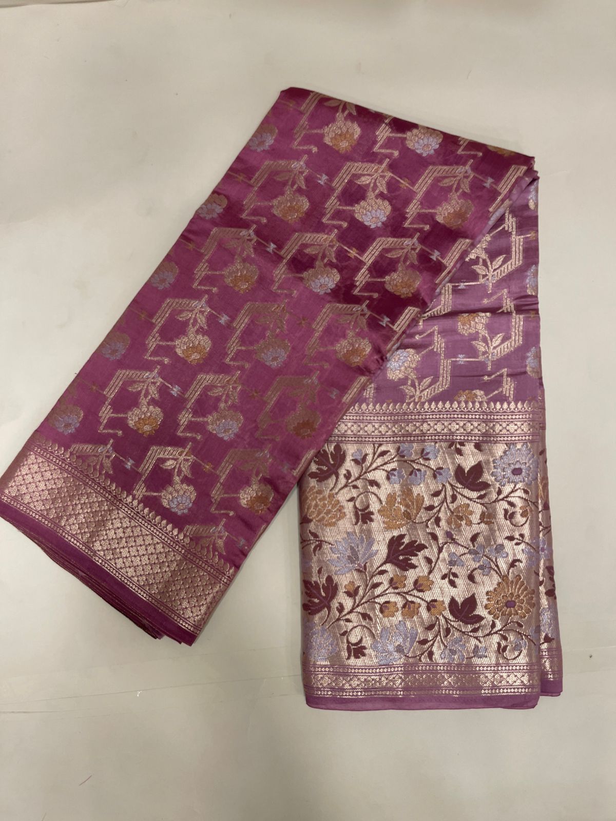 Faishana Pure Handloom Light Purple Dupion Silk Silver Mina Floral Gold Zari Jaal Skirt Gold & Silver Mina Zari Border with Kadiyal Minakari Pallu and Light Purple Blouse