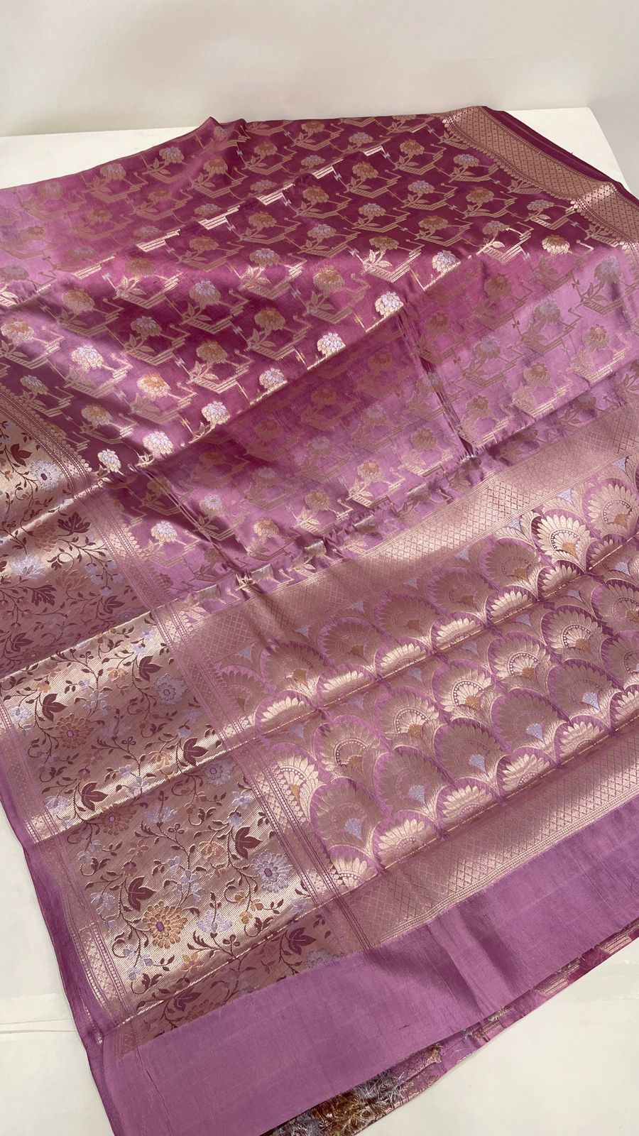 Faishana Pure Handloom Light Purple Dupion Silk Silver Mina Floral Gold Zari Jaal Skirt Gold & Silver Mina Zari Border with Kadiyal Minakari Pallu and Light Purple Blouse