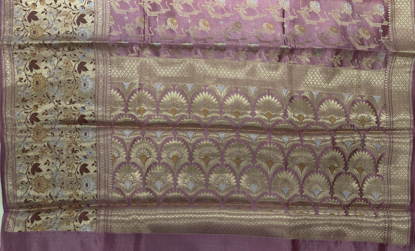 Faishana Pure Handloom Light Purple Dupion Silk Silver Mina Floral Gold Zari Jaal Skirt Gold & Silver Mina Zari Border with Kadiyal Minakari Pallu and Light Purple Blouse
