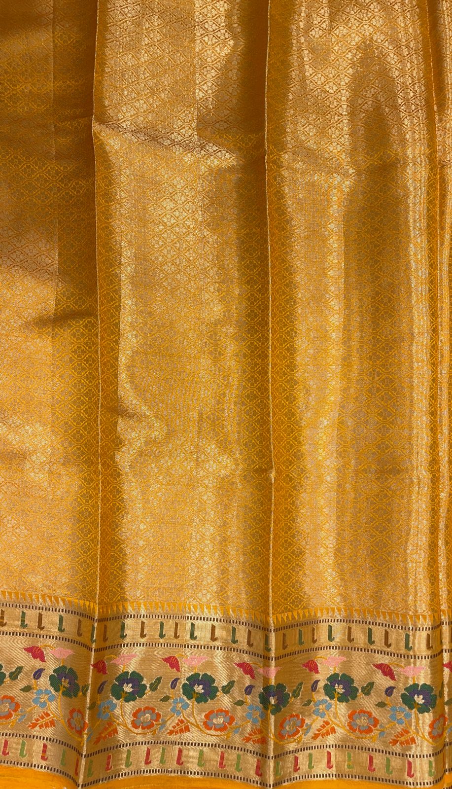 Faishana Pure Handloom Mustard Yellow Dupion Silk Golden Zari Booti with Skirt Paithani Zari Border and Mustard Yellow Blouse