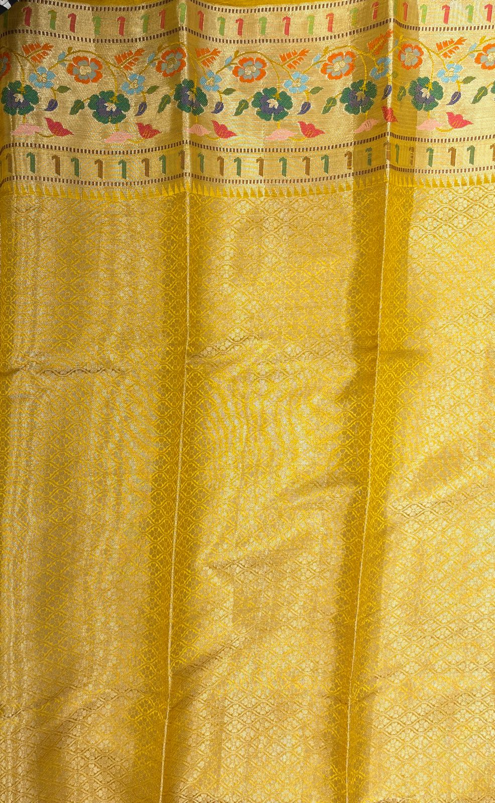 Faishana Pure Handloom Gold Dupion Silk Golden Zari Booti with Skirt Paithani Zari Border and Gold Blouse