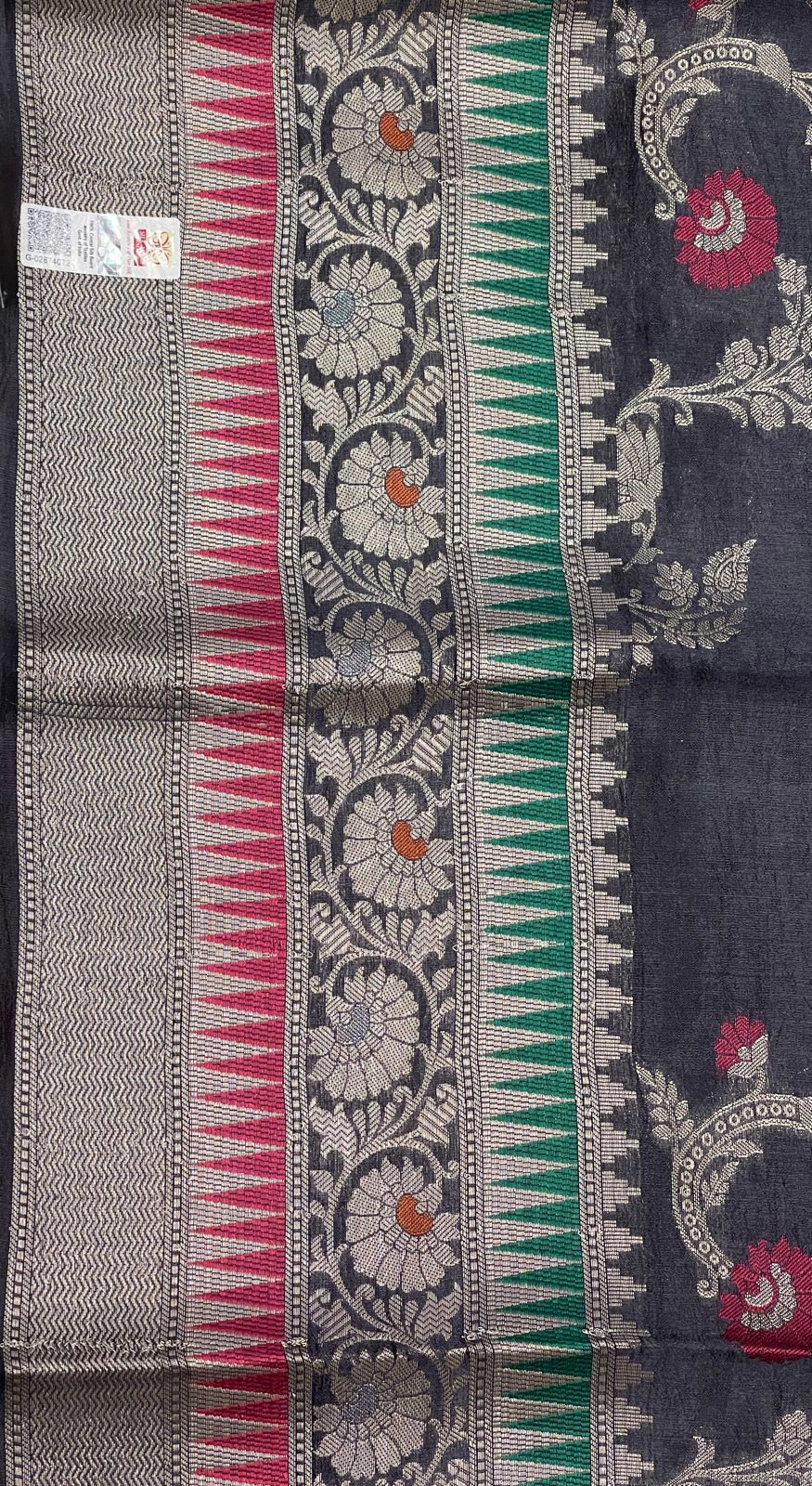Faishana Pure Handloom Black Dupion Silk Tilfi Mina Floral Zari Stripe Jaal with Skirt Dual Mina Zari Border and Black Blouse