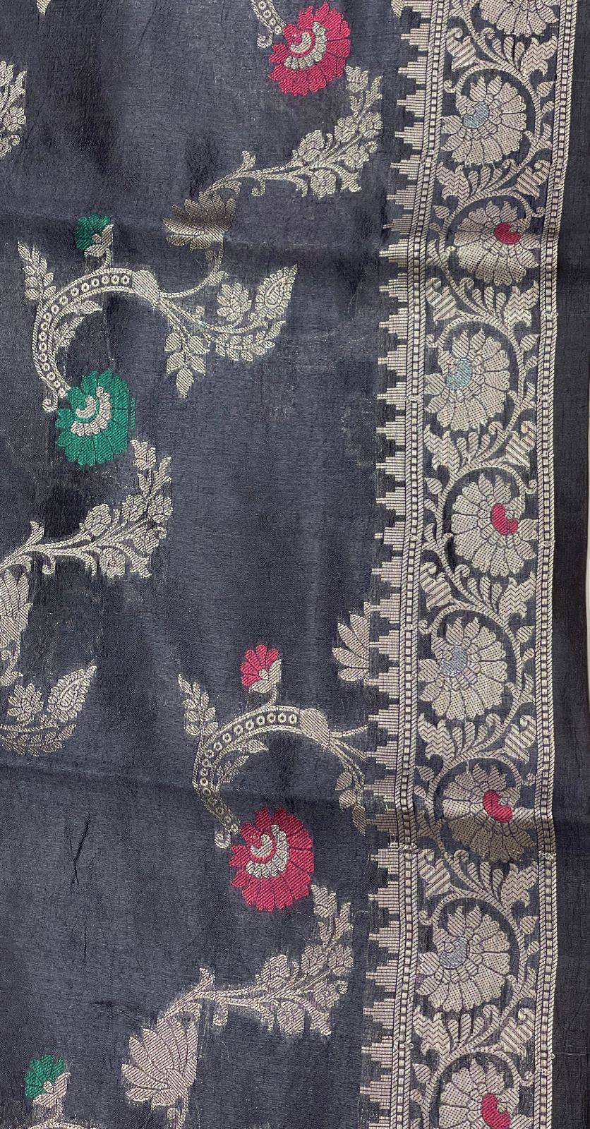 Faishana Pure Handloom Black Dupion Silk Tilfi Mina Floral Zari Stripe Jaal with Skirt Dual Mina Zari Border and Black Blouse