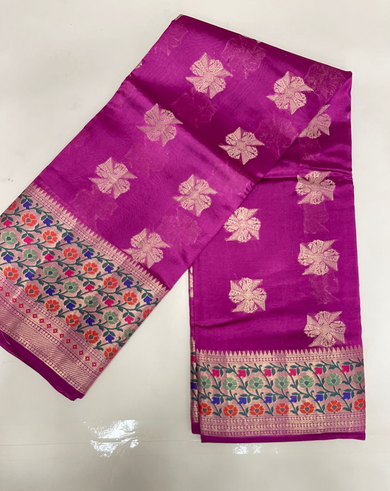 Faishana Pure Handloom Magenta Dupion Silk Golden Swastik Zari Booti Skirt Floral Mina Border with Floral Jaal Pallu and Magenta Blouse