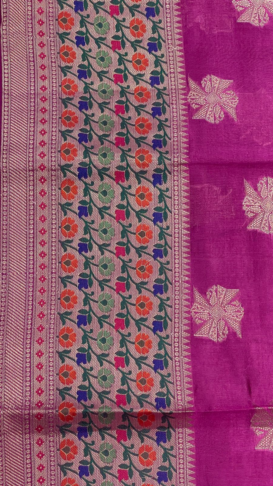 Faishana Pure Handloom Magenta Dupion Silk Golden Swastik Zari Booti Skirt Floral Mina Border with Floral Jaal Pallu and Magenta Blouse