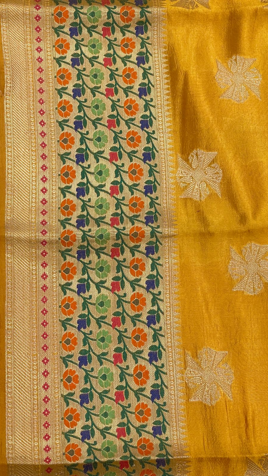 Faishana Pure Handloom Gold Dupion Golden Swastik Zari Booti Skirt Floral Mina Border with Floral Jaal Pallu and Gold Blouse