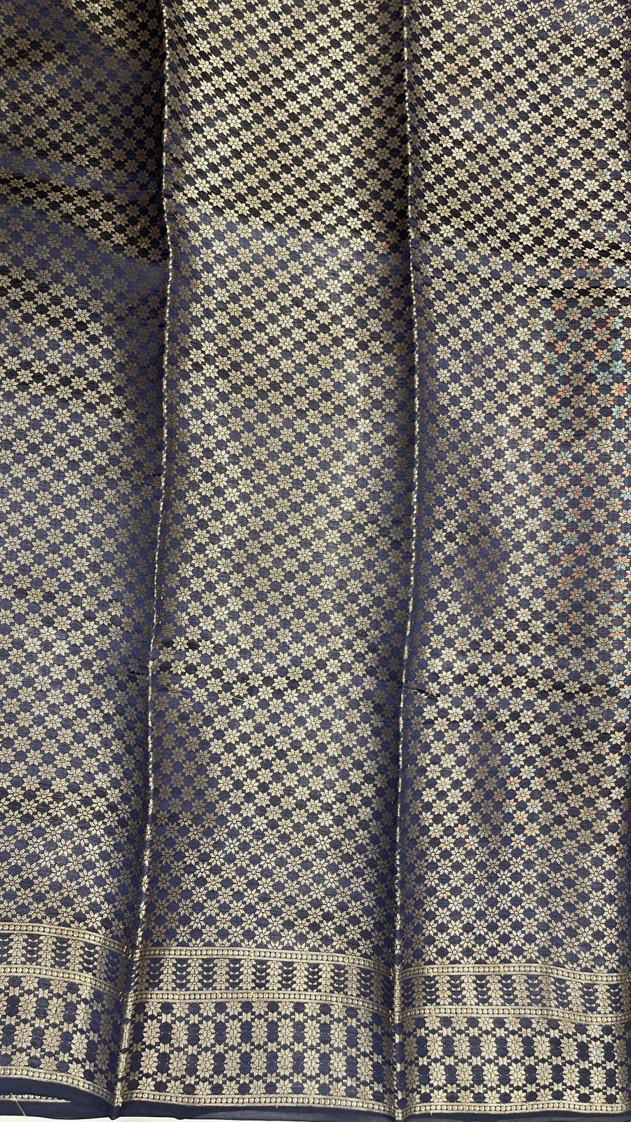 Faishana Pure Handloom Light Mauve Dupion Silk Golden Zari Silver Mina Boota Skirt Navy Blue Border with Floral Kadiyal Pallu and Navy Blue Blouse