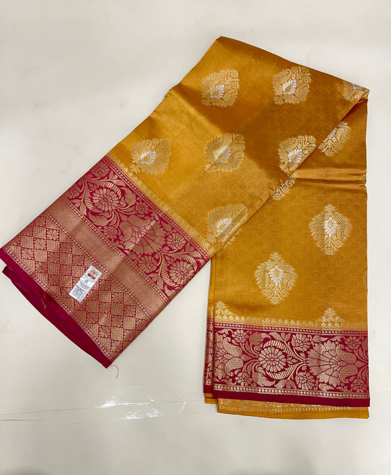 Faishana Pure Handloom Gold Dupion Silk Golden Zari Silver Mina Boota Skirt Maroon Border with Floral Kadiyal Pallu and Maroon Blouse