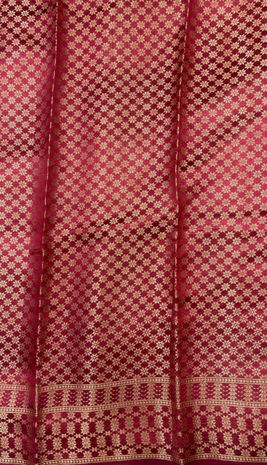 Faishana Pure Handloom Gold Dupion Silk Golden Zari Silver Mina Boota Skirt Maroon Border with Floral Kadiyal Pallu and Maroon Blouse