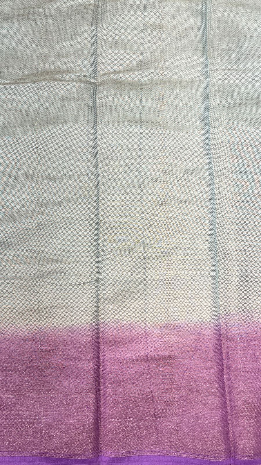 Faishana Pure Handloom Sea Green Dupion Silk Copper Zari Floral Booti with Big Floral Copper Zari Floral Boota Pallu and Contrast Purple Mina Zari Border with Sea Green Blouse