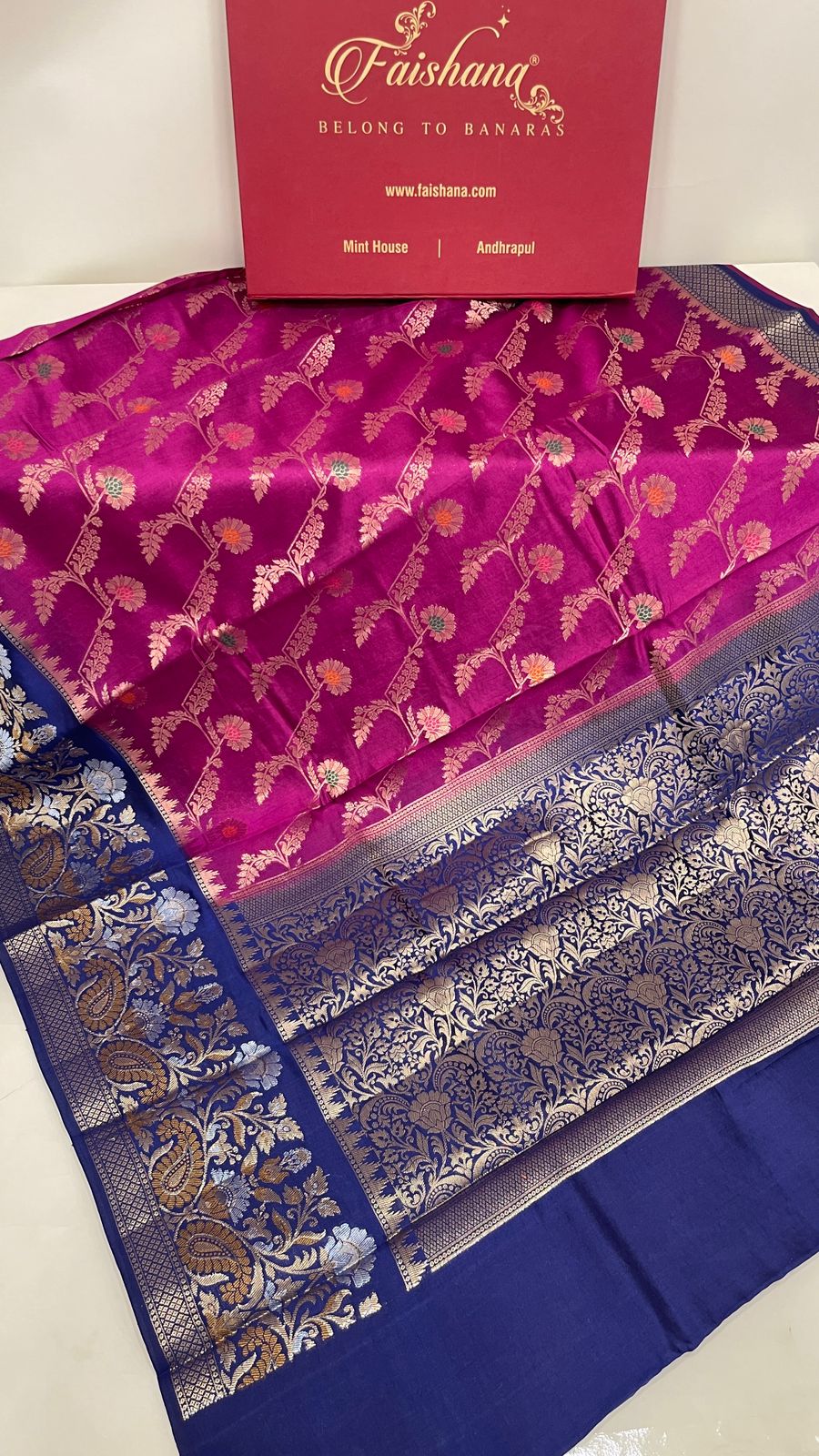 Faishana Pure Handloom Magenta Dupion Silk Floral Mina Jaal with Contrast Indigo Blue Silver Mina Golden Skirt Border and Indigo Blue Blouse