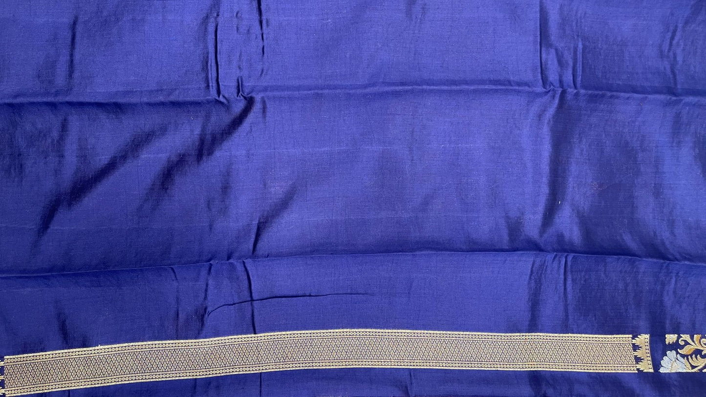 Faishana Pure Handloom Magenta Dupion Silk Floral Mina Jaal with Contrast Indigo Blue Silver Mina Golden Skirt Border and Indigo Blue Blouse