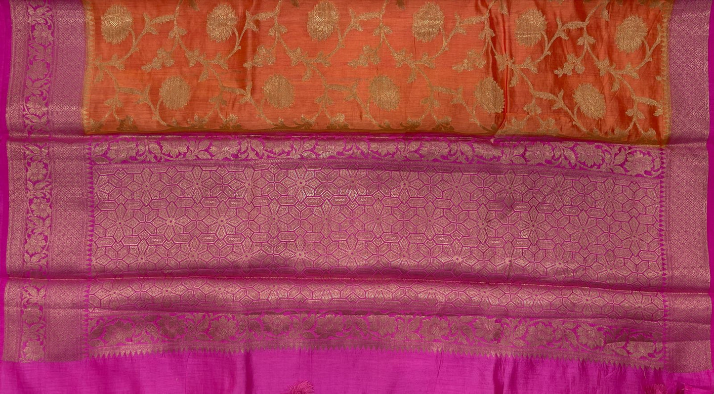 Faishana Pure Handloom Orange Chiniya Silk Floral Silver Zari Tilfi Jaal with Contrast Magenta Zari Border and Magenta Blouse