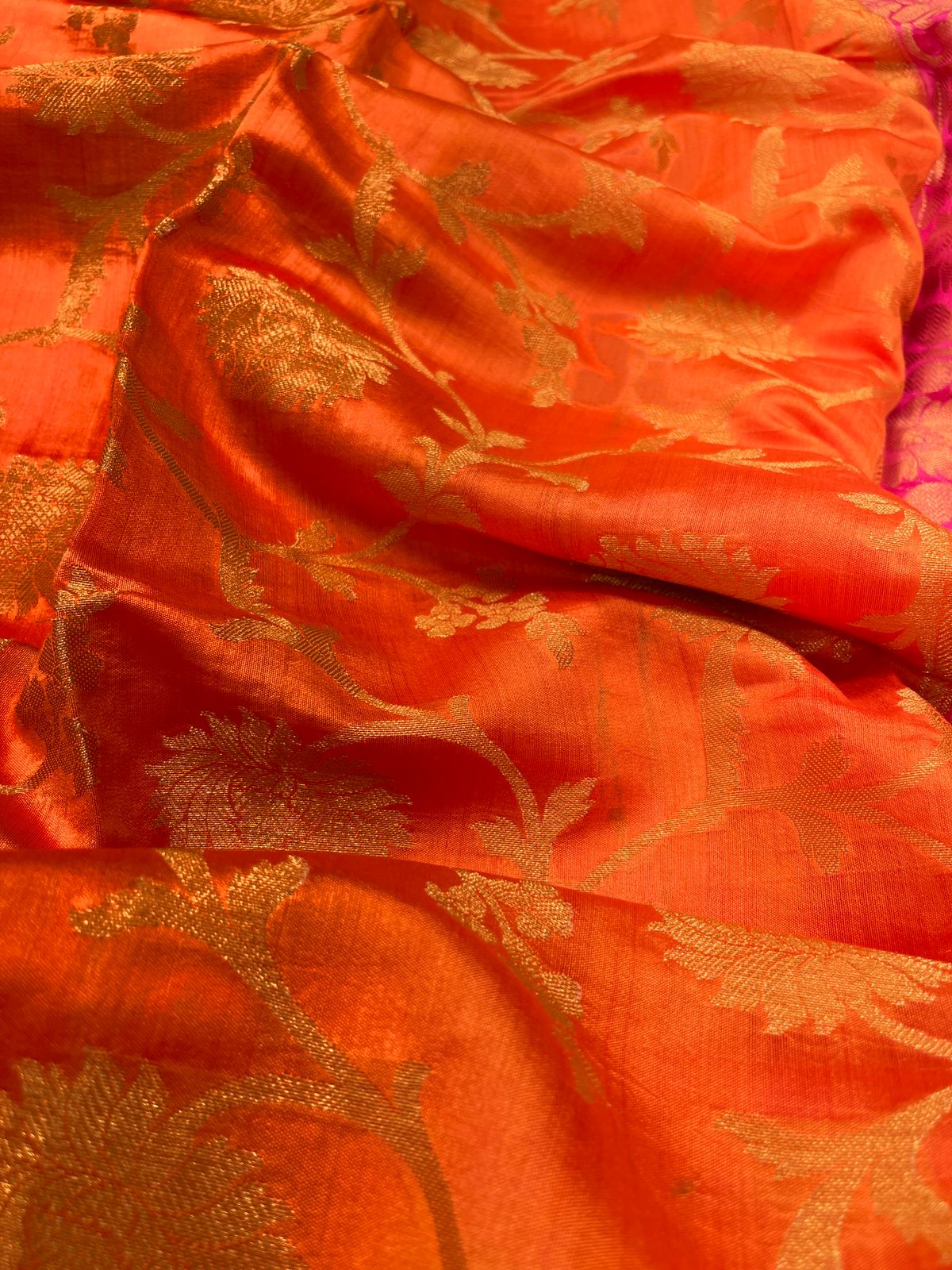 Faishana Pure Handloom Orange Chiniya Silk Floral Silver Zari Tilfi Jaal with Contrast Magenta Zari Border and Magenta Blouse