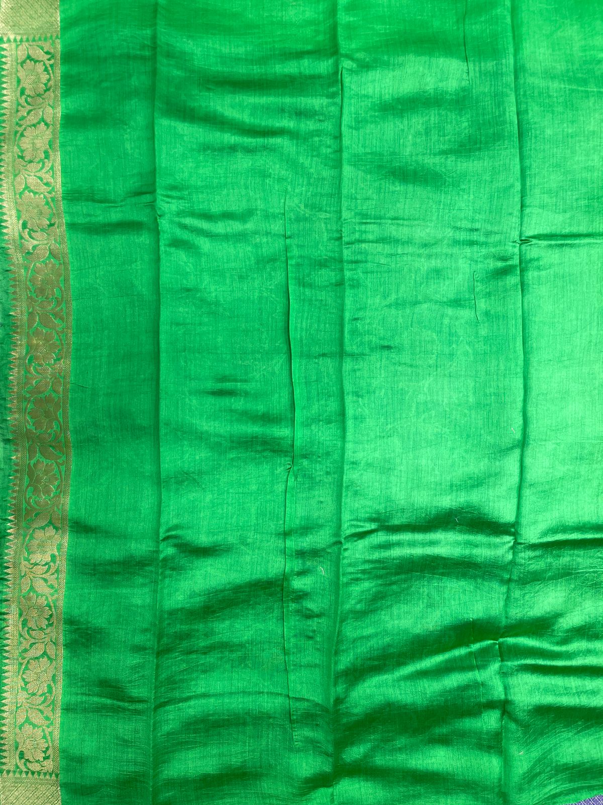Faishana Pure Handloom Royal Blue Chiniya Silk Floral Silver Zari Tilfi Jaal with Contrast Green Zari Border and Green Blouse