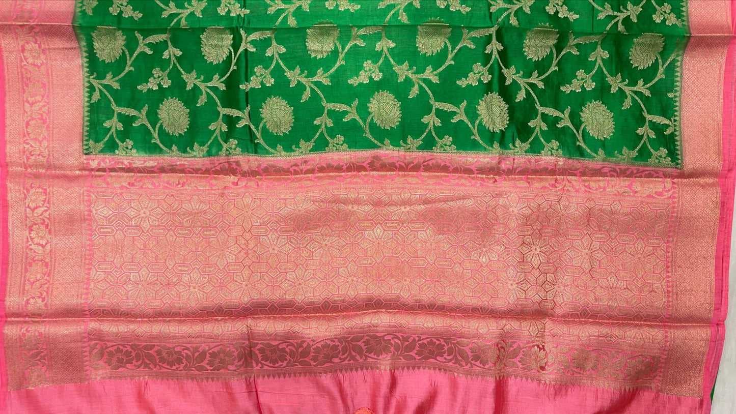 Faishana Pure Handloom Light Green Chiniya Silk Floral Silver Zari Tilfi Jaal with Contrast Baby Pink Zari Border and Baby Pink Blouse