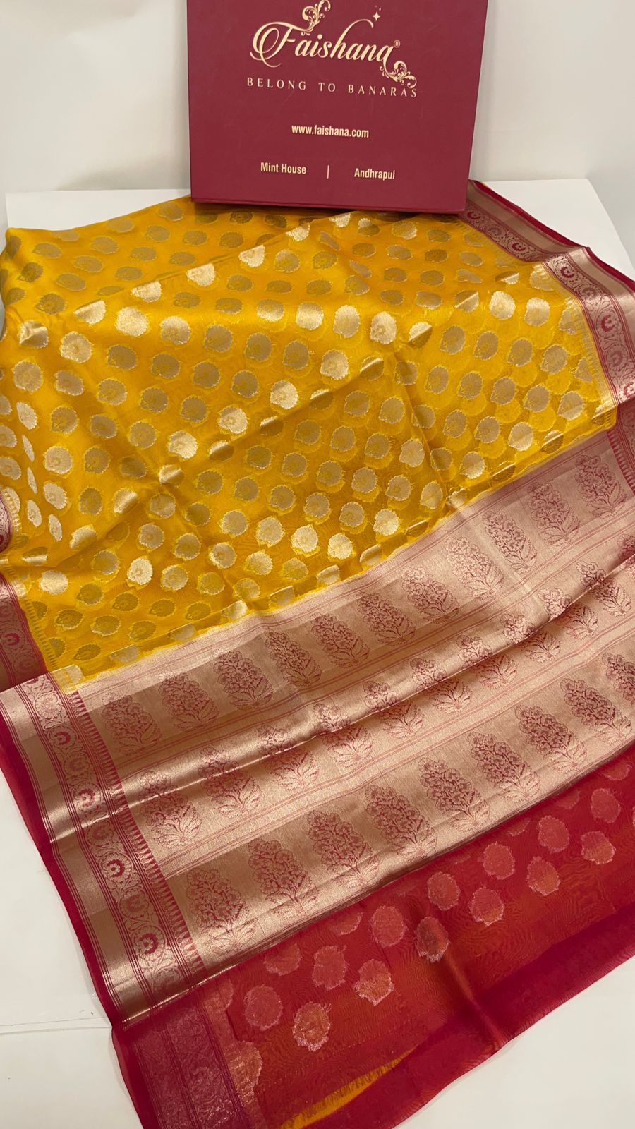 Faishana Pure Handloom Yellow Organza Floral Zari Booti with Contrast Red Big Floral Boota Pallu Zari Border and Red Blouse